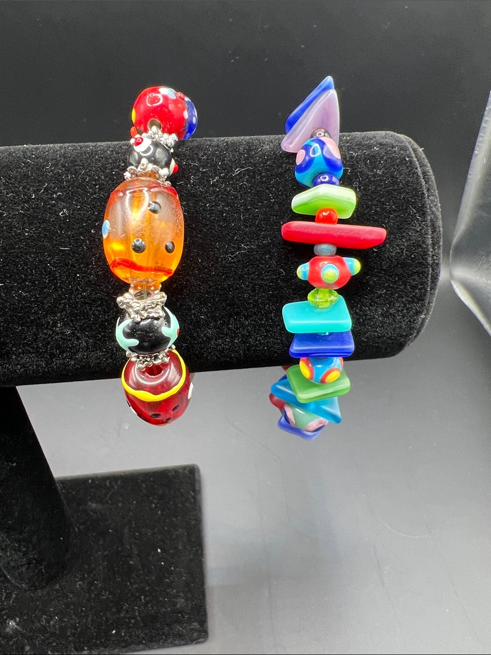 Handmade Multicolor Glass Bead Stretch Bracelets- Vibrant Red & Blue